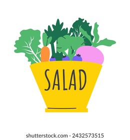 Handdrawn salad bowl with green vegetables, carrot, beetroot and blueberries. Healthy eating vector concept isolated on white.