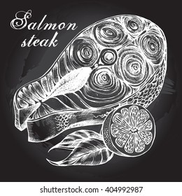 Hand-drawn salmon steak and lemon. Vector Illustration on the blackboard. 