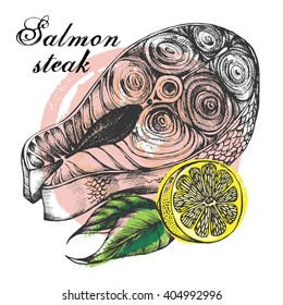 Hand-drawn salmon steak and lemon. Vector Illustration. 