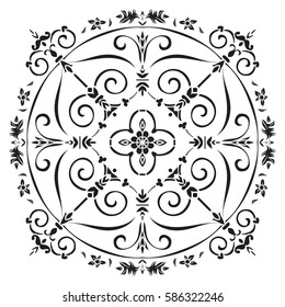 Hand-drawn sample for tile in oriental style, black and white colors. Italian majolica. Vector illustration. 