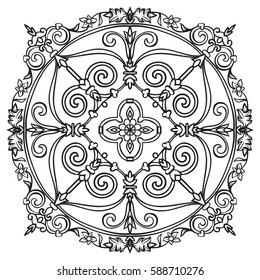 Hand-drawn sample for tile in oriental style, black and white colors. Italian majolica. Vector illustration. Best for your design, textiles, posters