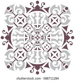 Hand-drawn sample for tile in oriental style, dark brown and gray colors. Italian majolica. Vector illustration. The best for your design, textiles, posters