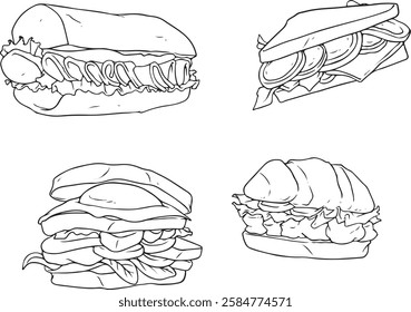 Hand-drawn sandwich collection in line art style. Various types including burgers, hot dogs, subs, bagels, and croissants. Black and white outline illustrations perfect for menu designs, packaging.