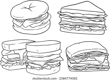 Hand-drawn sandwich collection in line art style. Various types including burgers, hot dogs, subs, bagels, and croissants. Black and white outline illustrations perfect for menu designs, packaging.