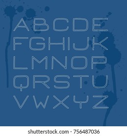 Handdrawn sans serif font. Handmade latin alphabet. Contour  letters on textured blue backdrop.