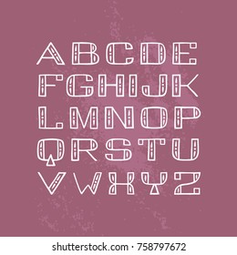 Handdrawn sans serif font. Handmade latin alphabet. Square uppercase letters on  white backdrop.