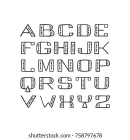 Handdrawn sans serif font. Handmade latin alphabet. Square uppercase letters on  white backdrop.
