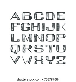 Handdrawn sans serif font. Handmade latin alphabet. Square uppercase letters on  white backdrop.