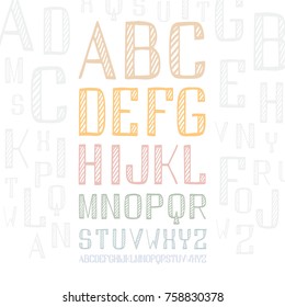 Handdrawn sans serif font. Handmade latin alphabet. Square uppercase letters on  white backdrop.