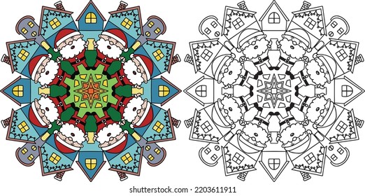 Hand-drawn. Santa Claus mandala. Doodles art for Merry Christmas or Happy new year card. Coloring page for adults and kids.