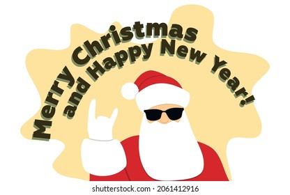 rockero de Santa Claus, dibujado a mano, muestra una cabra con la mano. navidad, año nuevo. banner, póster, descuentos, cool, gestage, postal, print