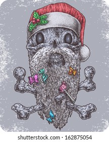 Hand-drawn Santa skull with crossbones in beard.