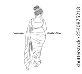 Hand-drawn saree vector illustration, A line art of Indian woman, A tall lady walking backside