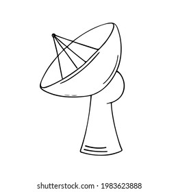 Hand-drawn satellite dish exploring space and extraterrestrial life. Doodle style, simple minimalist drawing. Fantasy cosmic sketch, line art.Isolated.Vector illustration.