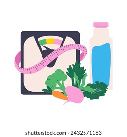 Handdrawn scales, green vegetables and bottle of water. Vector weight loss and healthy lifestyle concept.