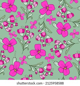 Hand-drawn scarlet flowers. Seamless pattern with cute scattered bouquets on green background.