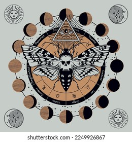 Hand-drawn scary butterfly moth dead head on the background of magical symbols of zodiac signs, moon phases in a circle. Witchcraft, occult attributes, alchemical signs.