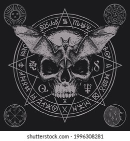 Hand  drawn scary human skull  bat and open wings   magic symbols written in circle black background  Witchcraft  occult attributes  esoteric signs  Vector banner and flying vampire