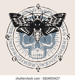 Hand-drawn scary moth with open wings and human skull on a background of magic symbols written in a circle. Witchcraft, occult attributes, alchemical signs. Vector banner with sinister night butterfly