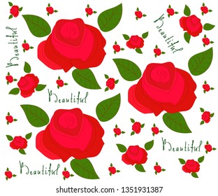 Hand-drawn scattering of lush roses with petals and inscriptions beautifully on a white background