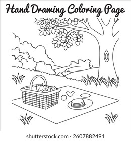 A hand-drawn scene of a picnic basket with fruits placed under a tree in a peaceful park setting. The image conveys a calm and sunny outdoor moment,
