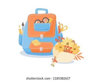 Hand-drawn school backpack with bouquet in cartoon style. Pencils, scissors, ruler and other school items. Back to school illustration. Cozy design for your projects.
