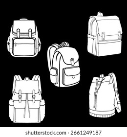 Colección de mochila escolar dibujada a mano, Ilustración vectorial en blanco y negro, bolso escolar de los niños, estilo lindo doodle, diseño de página para colorear en blanco. Fondo negro