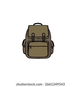Hand-drawn school backpack with dancing colors, black and white vector illustration, children's school bag, cute doodle style, blank coloring page design. White background