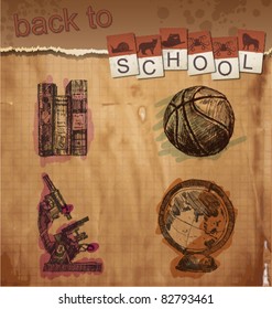 Hand-drawn school icons on lined sketchbook paper. Vector Illustration.