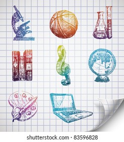 Hand-drawn school icons on lined sketchbook paper. Vector Illustration.