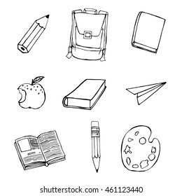 Handdrawn school related images. Vector illustration. Black drawing on a white background