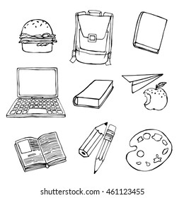 Handdrawn school related images. Vector illustration. Black drawing on a white background