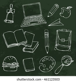 Handdrawn school related images. Vector illustration. White chalk drawing on a dark green textured background
