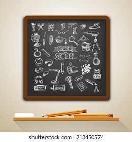Hand-drawn school set. With pencils and chalk. Back to school illustration