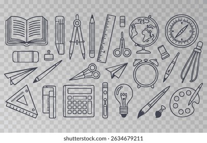 Hand-drawn school supplies icons png set on transparent background. Back to school doodle hand drawn elements, vector set. Vector illustration.