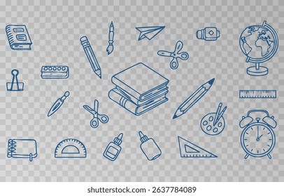 Hand-drawn school supplies icons png set on transparent background. Back to school doodle hand drawn elements, vector set. Vector illustration.