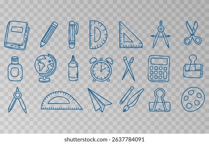 Hand-drawn school supplies icons png set on transparent background. Back to school doodle hand drawn elements, vector set. Vector illustration.