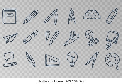 Hand-drawn school supplies icons png set on transparent background. Back to school doodle hand drawn elements, vector set. Vector illustration.