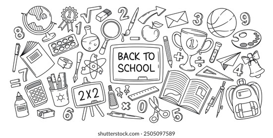 Hand-Drawn School Supplies Including Book, Calculator, Globe, And Backpack With Back To School Text. Vector Illustration