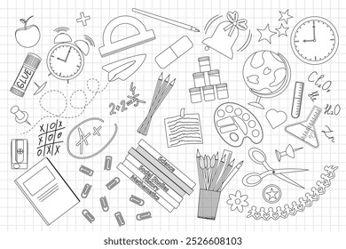 Hand-drawn school supplies outline for a fun back-to-school coloring activity. Includes pencils, globe, scissors, and more.