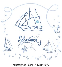 Hand-drawn schooners and graphic elements on the theme of the sea and sailing. Vector black and white sketch.