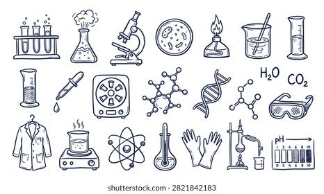 Hand-drawn science and laboratory doodle elements including test tubes in a rack, flask, microscope, petri dish, bunsen burner, beaker, graduated cylinder, pipette, centrifuge, molecule, DNA, H2O, CO2, safety glasses, lab coat, hot plate, atom, thermometer, gloves, distillation apparatus, pH strip.