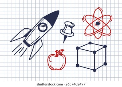 Hand-drawn science-themed doodles including a rocket, atom, apple, cube, and pin on a grid notebook paper background. Concept of education and creativity. Vector illustration