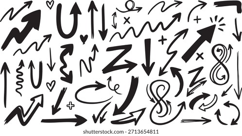 Dibujado a mano Scribble Arrow y Doodle Element Mega Pack, flechas de marcador negro caótico y Paquete de símbolos de bosquejo áspero
