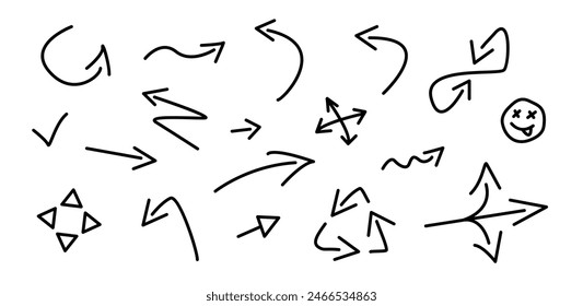 Handgezeichnete Scribble-Pfeile Kollektion. Grafische Darstellungen von Kurvenelementen. Linie Hand gezeichnete Pfeil Form Set isoliert auf weißem Hintergrund.