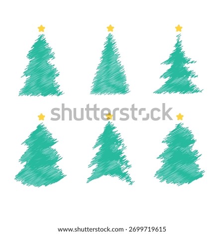 Hand-Drawn Scribble Christmas Trees with Stars Collection