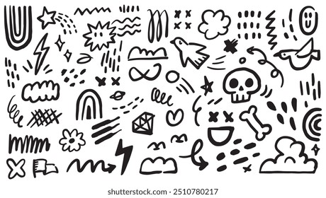 Handgezeichnetes Scribble Doodle Set | Abstrakte Pinselstriche, Symbole und Formen mit schwarzer Tinte | Skizzenhafte Vektorgrafik für kreative Designprojekte