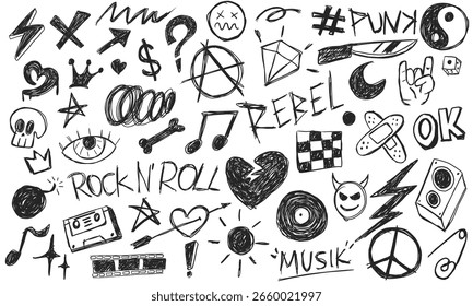 Conjunto de vetor de elemento grunge de rabisco desenhado à mão. Perfeito para camisetas, adesivos e gráficos de rua.