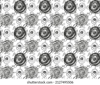 Hand-drawn scribble swirls, circles, curls seamless pattern. Doodle black and white pencil curves, lines simple illustration. Wrapping, notebook cover, cards design
