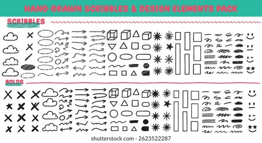 hand-drawn scribbles, doodles, and design elements pack with bold lines, shapes, clouds, arrows, stars, and playful symbols for creative projects